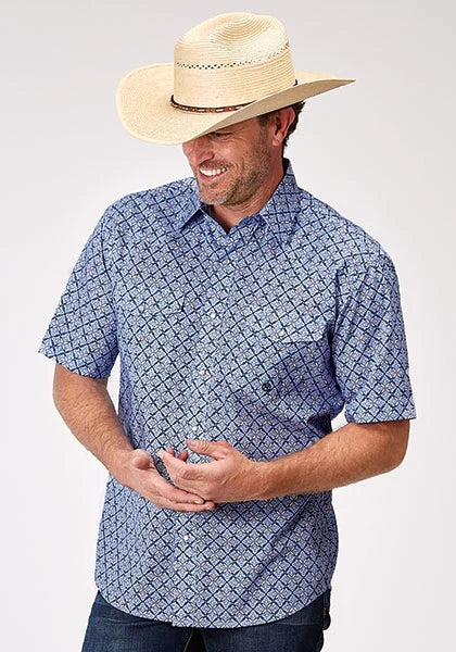 Roper 1932 Blue Skies Tie Print (Blue) - Men's Short Sleeve Shirt