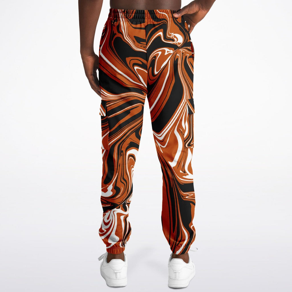 Burnt Orange, Black and White Abstract Melt Unisex Cargo Joggers (Fleece Lined)