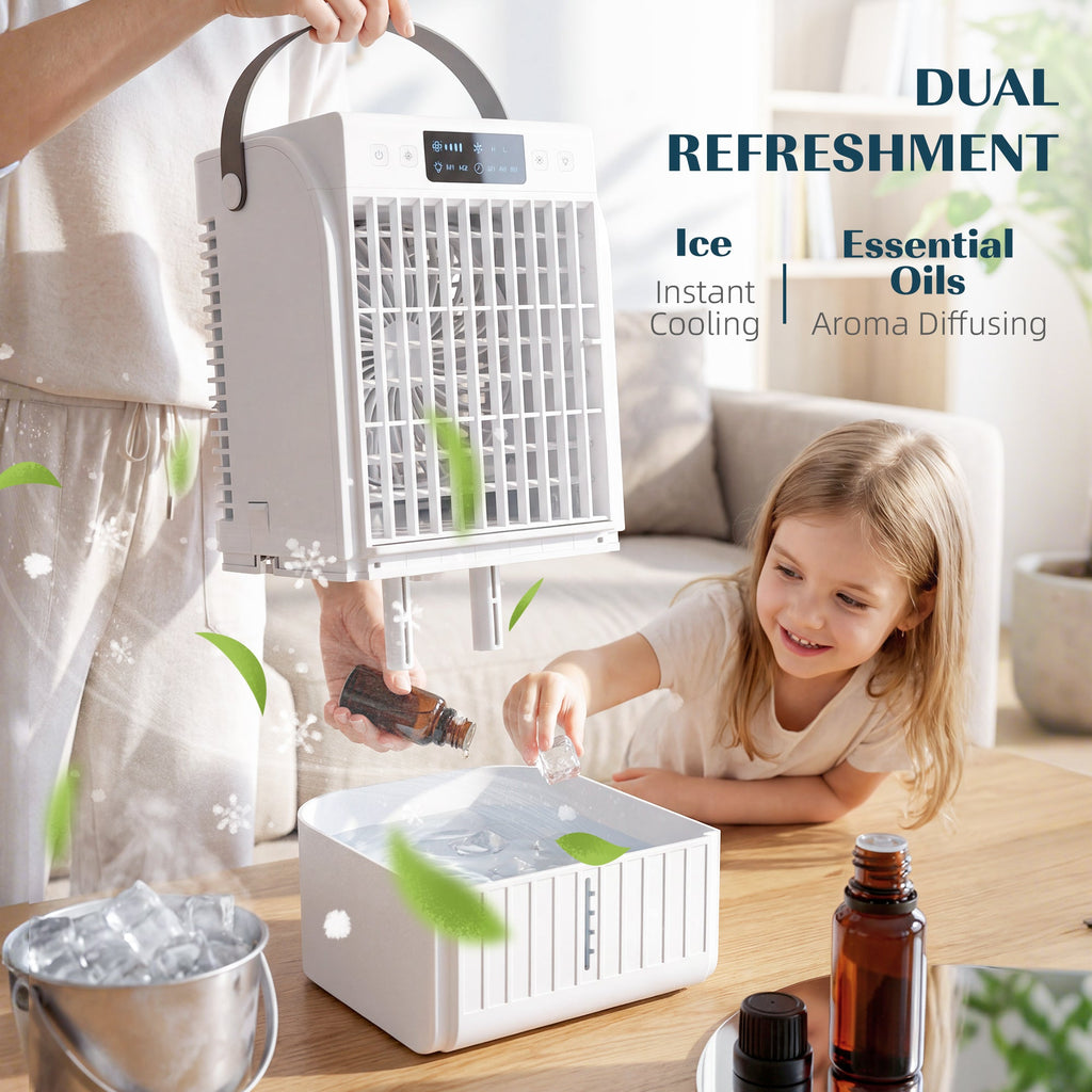 Portable Air Conditioner, 4-in-1 Mini Air Cooler with 4 Wind Speed, 2 Mist Mode, RGB 7 LED Light