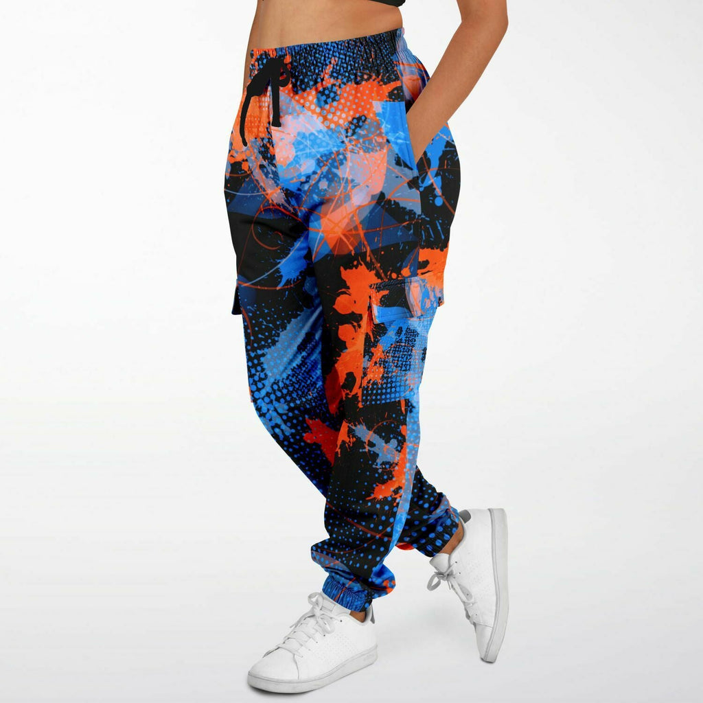 Blue and Orange Paint Splatter Abstract Unisex Cargo Joggers (Fleece Lined)