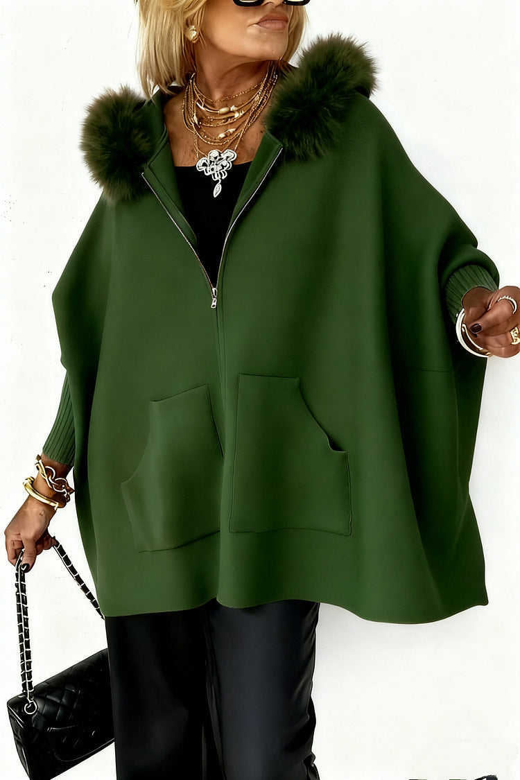 Ins Plush Hooded Cardigan Fashion Warm Pockets Zip-up Knitted Jacket Casual Outerwear Batwing Sleeve Sweater Women's Clothing