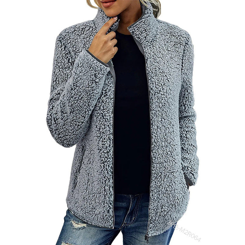Fall Winter Warm Sweatshirt Stand Collar Solid Color Top Sweater Women's Casual Fashion Long Sleeve Zipper Bubble Velvet Coat Tops