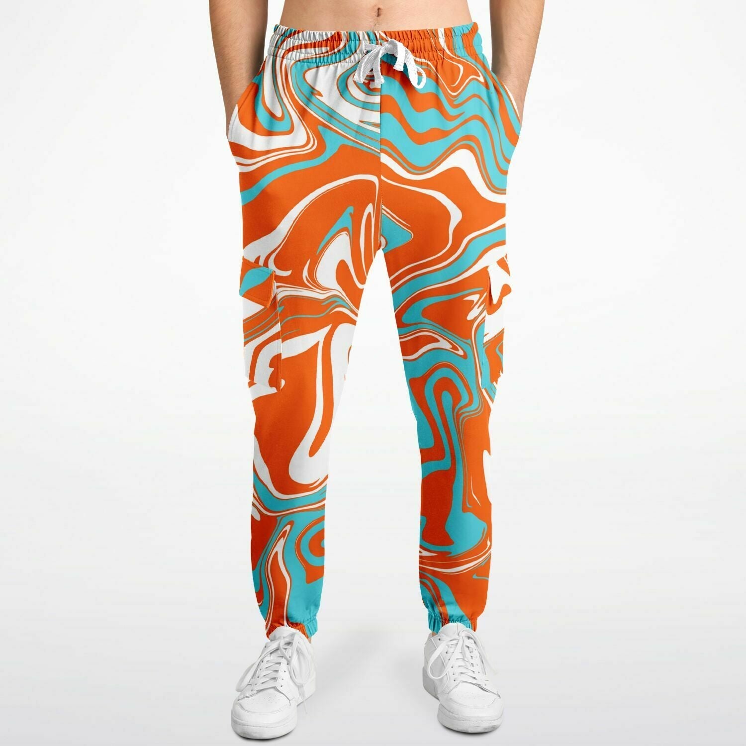 Orange Turquoise and White Oil Spill Unisex Cargo Joggers (Fleece Lined)