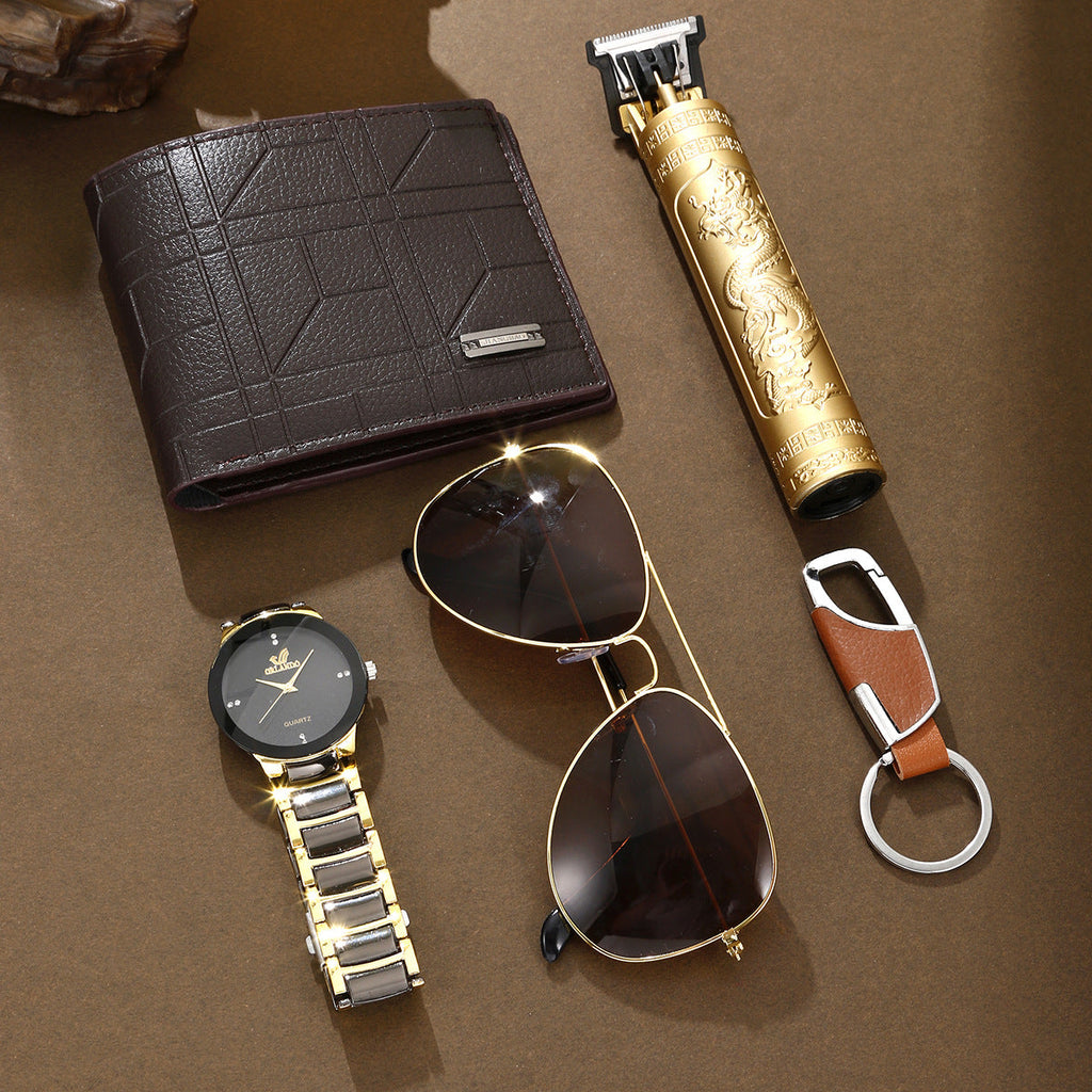 Steel Belt Quartz Watch Personality Wallet Shaver 5 Pieces Gift Set