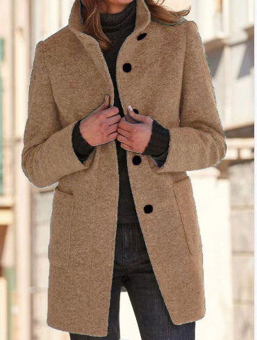Women's Stand Collar Woolen Coat - Slim Fit Fall and Winter Button Front Trench Coat with Pockets