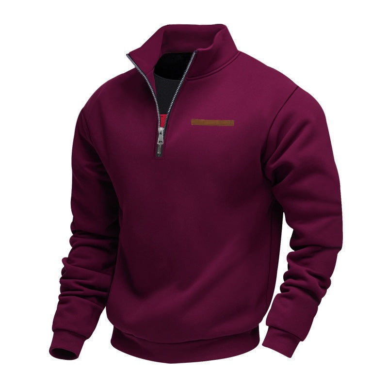 Fleece-lined Mid-length Zip-up Loose-fit Stand-up Collar Casual Hoodie