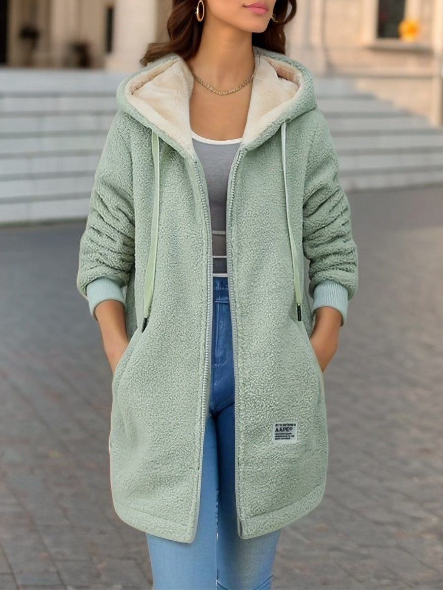 Winter Fleece Hooded Jacket Fashion Casual Zip-up Pockets Long Sweatshirt Warm Commuter Women's Clothing