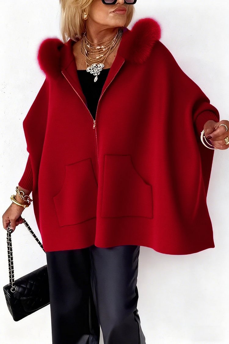 Ins Plush Hooded Cardigan Fashion Warm Pockets Zip-up Knitted Jacket Casual Outerwear Batwing Sleeve Sweater Women's Clothing