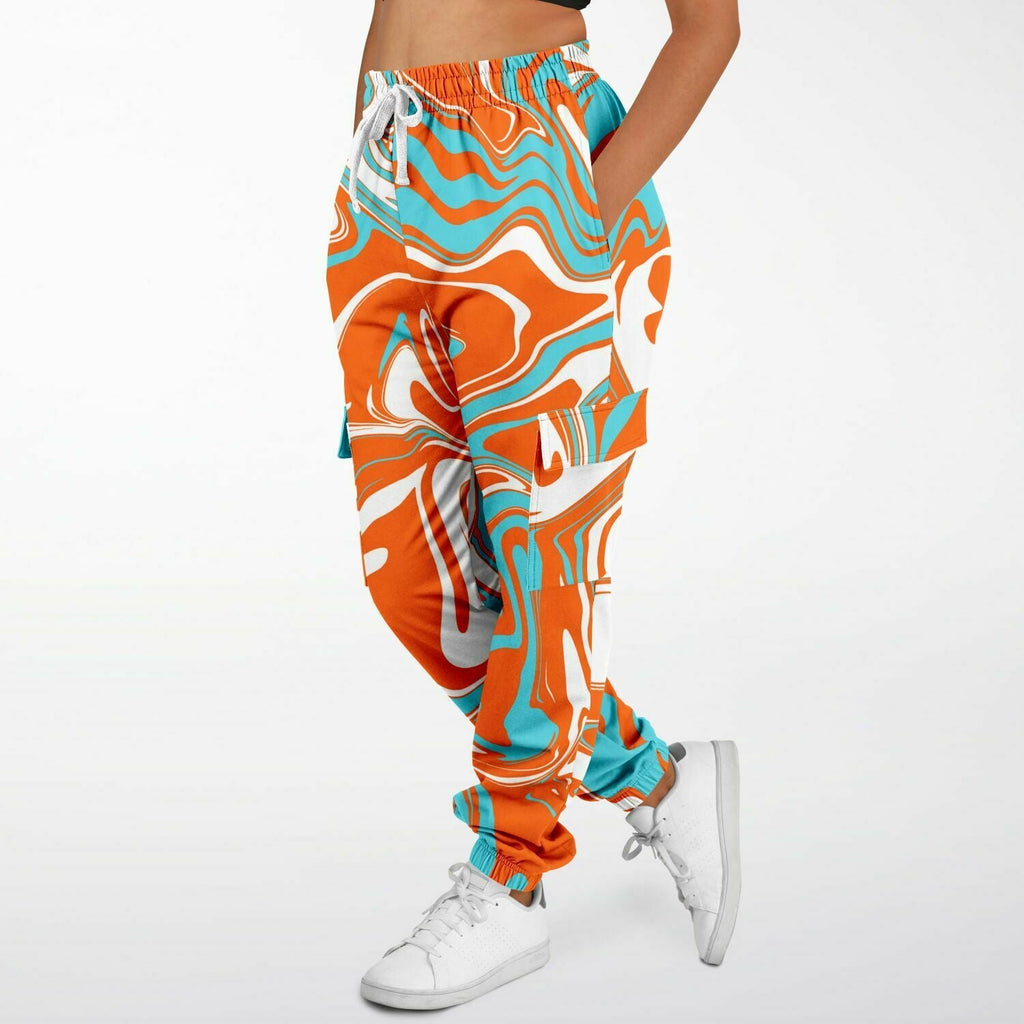 Orange Turquoise and White Oil Spill Unisex Cargo Joggers (Fleece Lined)