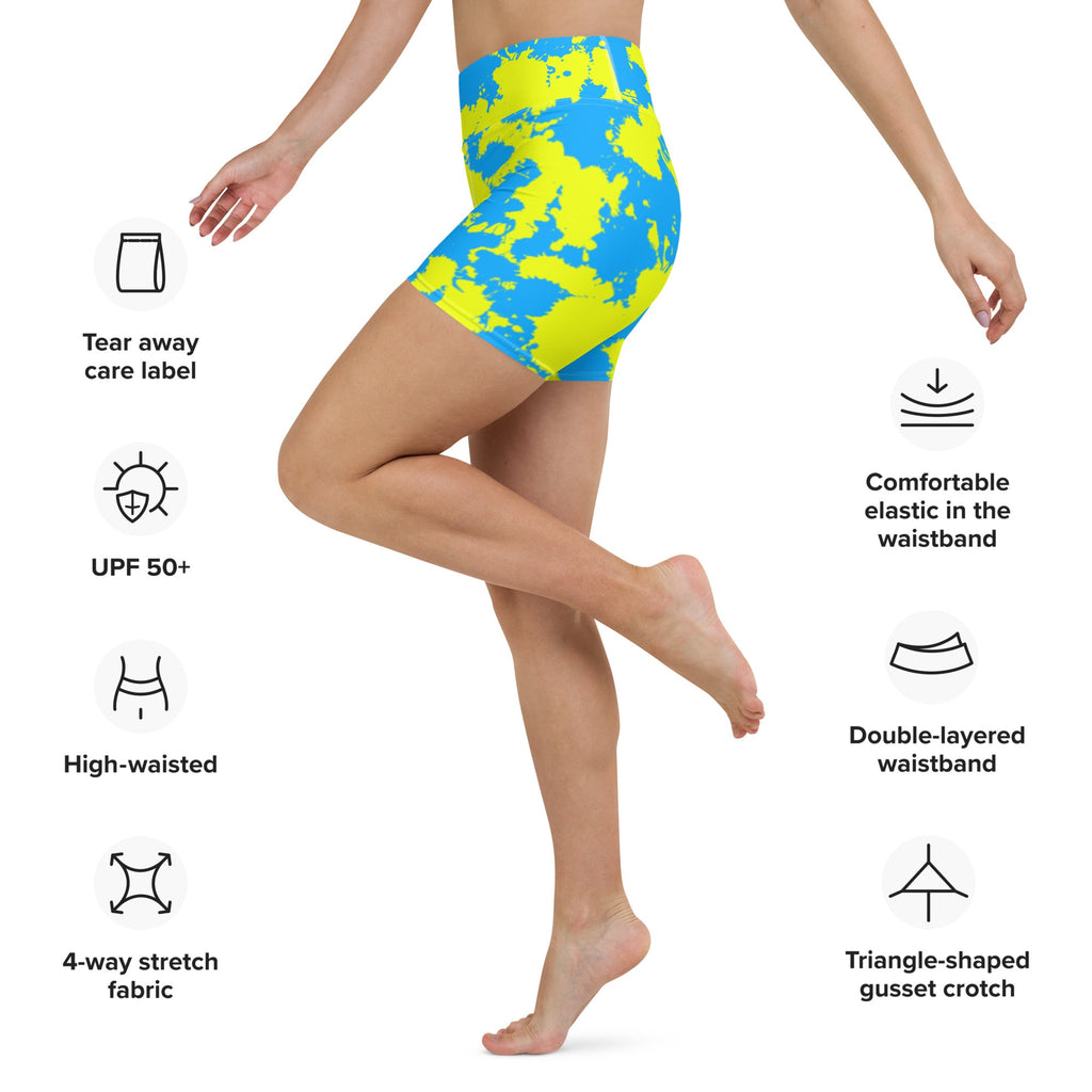 Yellow and Blue Paint Splatter Rave Ready Yoga Shorts w/ Inside Pocket