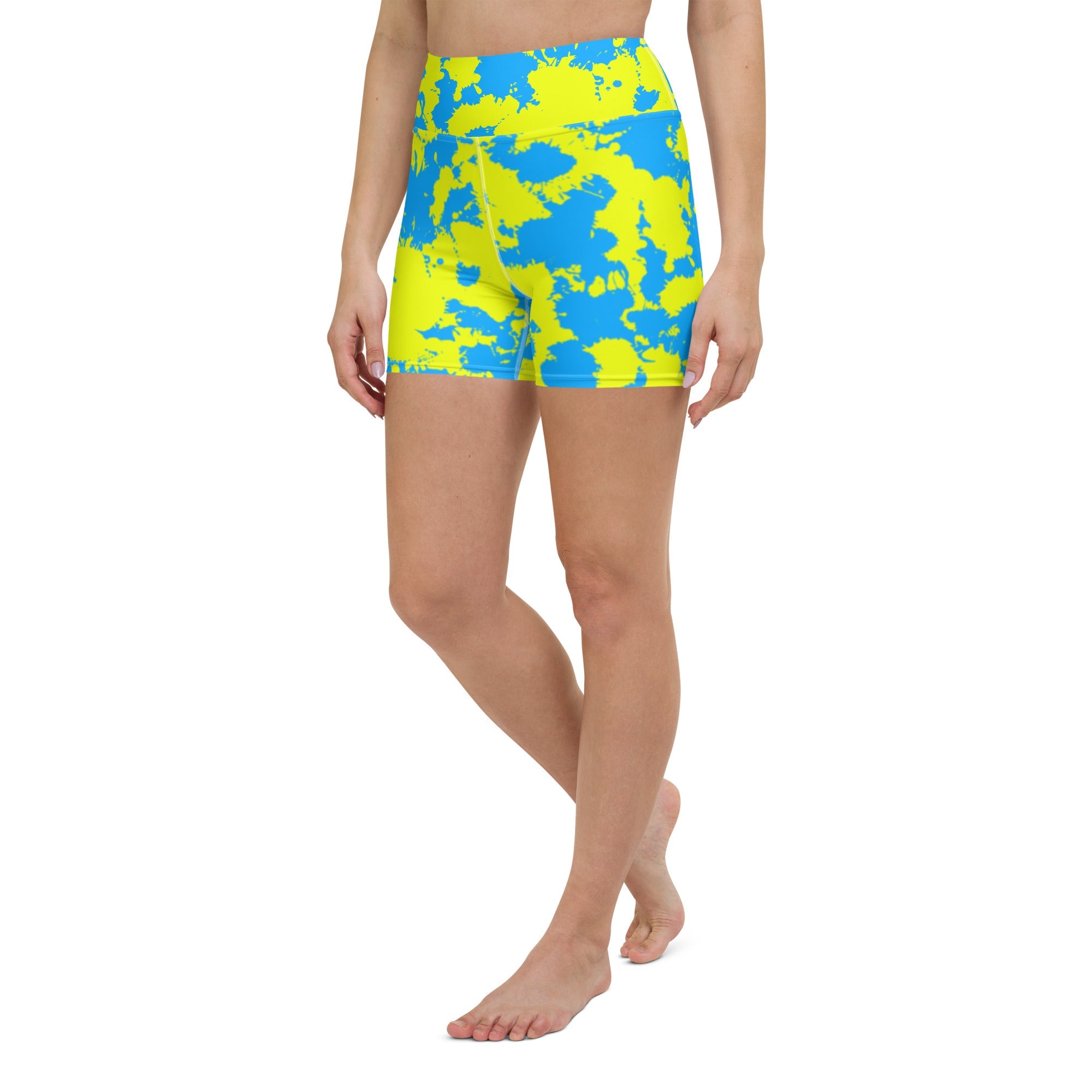 Yellow and Blue Paint Splatter Rave Ready Yoga Shorts w/ Inside Pocket