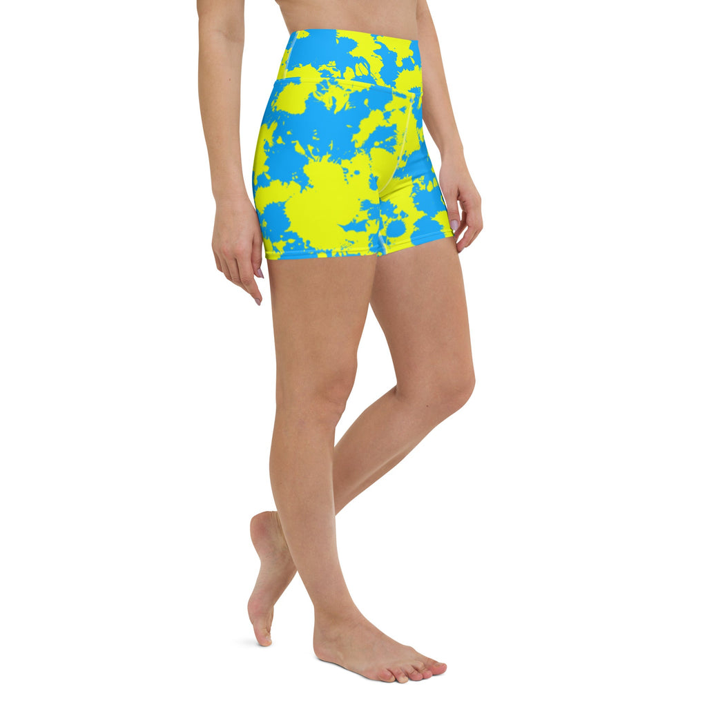 Yellow and Blue Paint Splatter Rave Ready Yoga Shorts w/ Inside Pocket