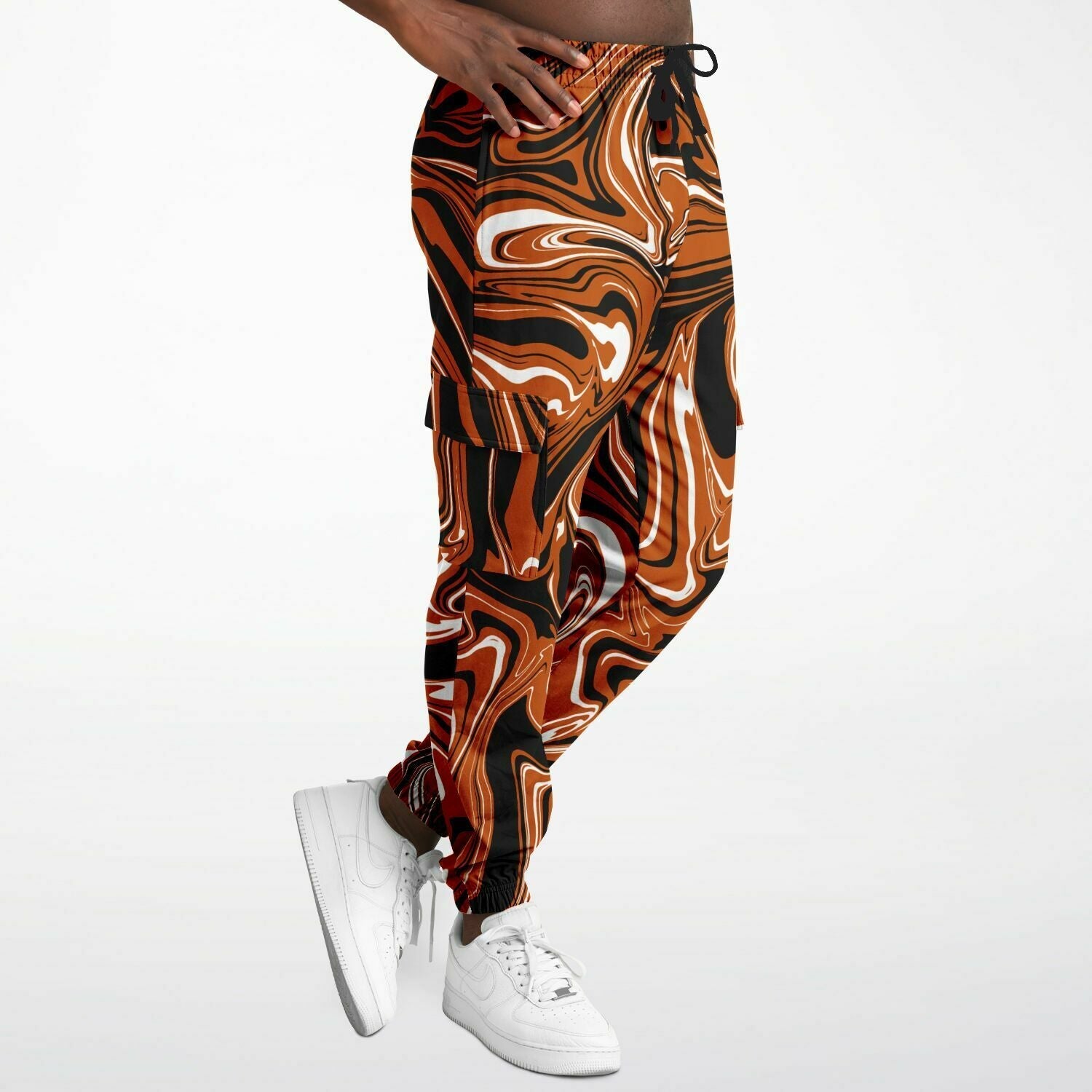 Burnt Orange, Black and White Abstract Melt Unisex Cargo Joggers (Fleece Lined)
