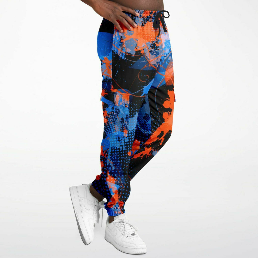 Blue and Orange Paint Splatter Abstract Unisex Cargo Joggers (Fleece Lined)