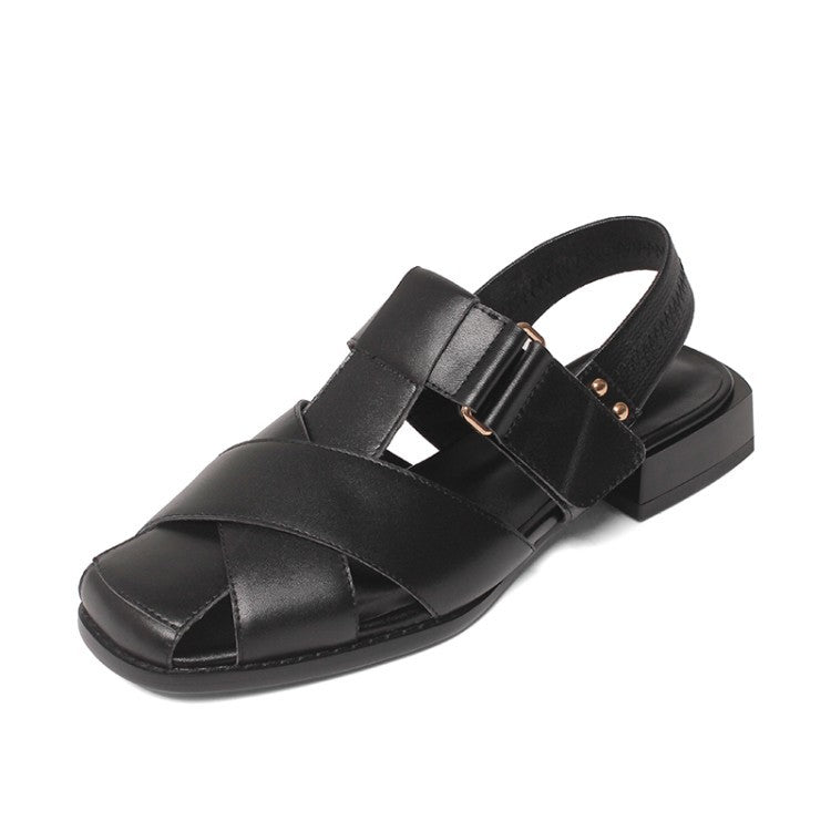 Retro Low-heel Velcro Thick-heeled Sandals for Women